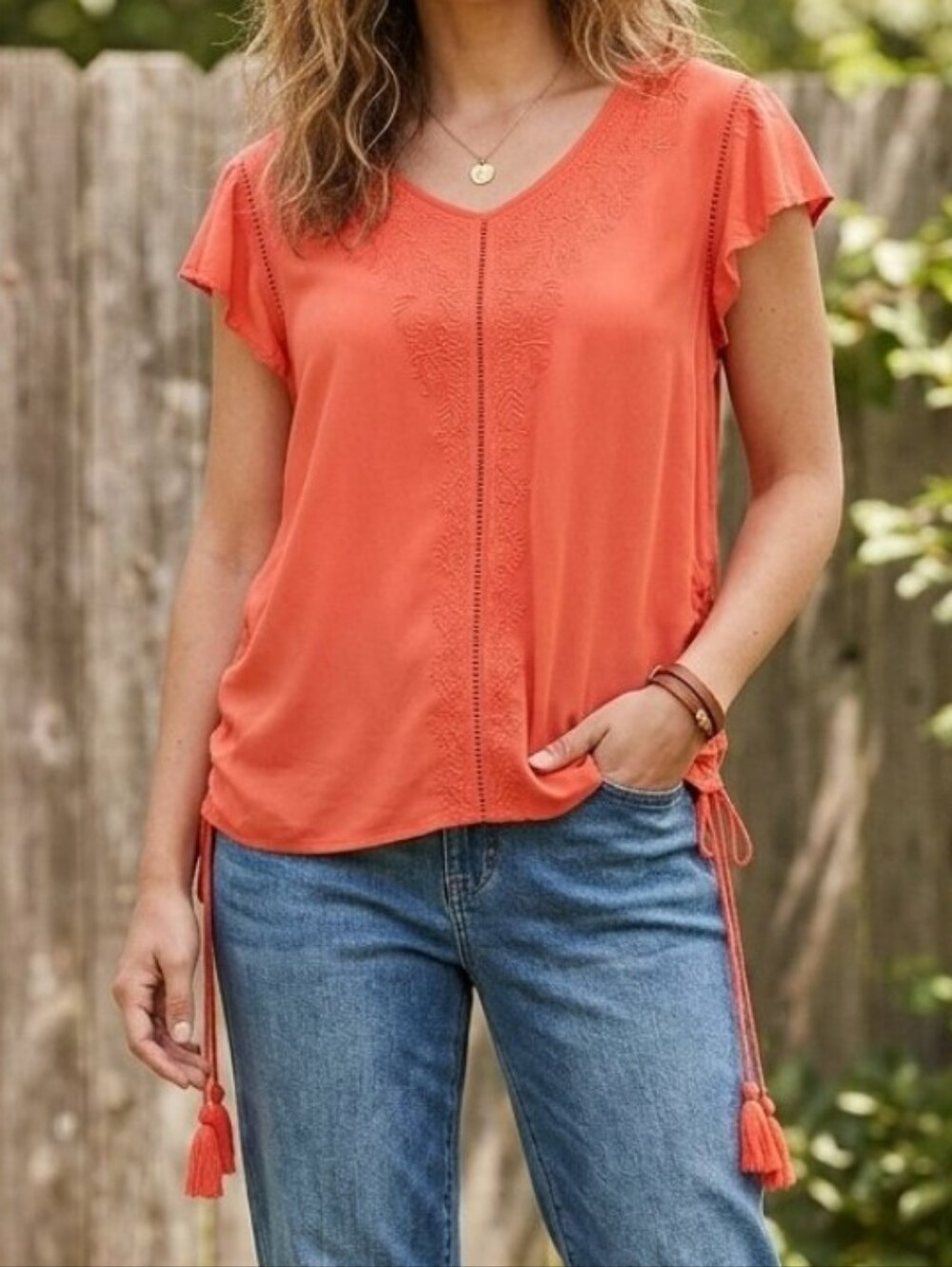 Time and Tru Flutter Sleeve Coral Embroidered Side Tassel Tie Top